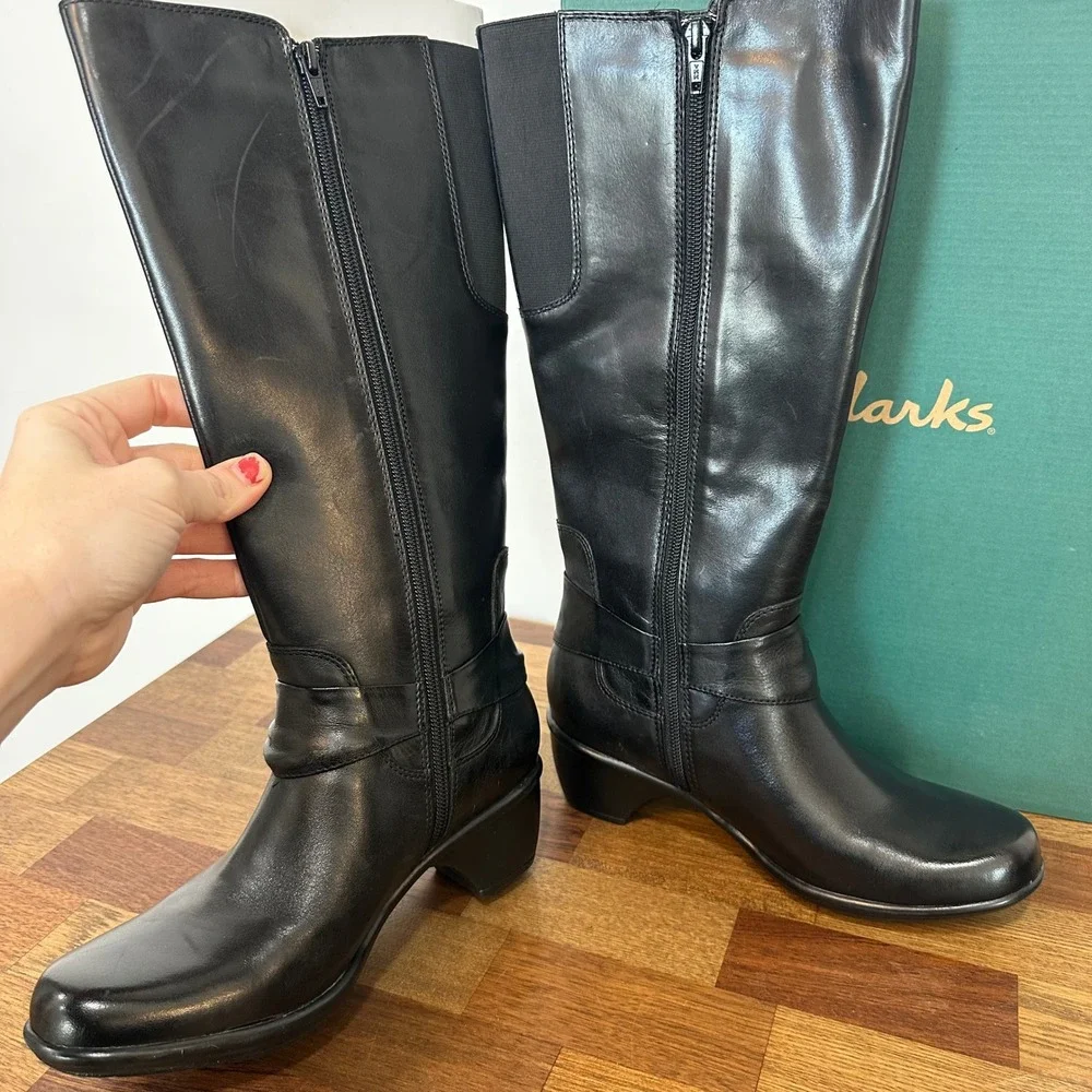 Clarks Wyld Polka 7 NEW Box Black Leather Knee High Wedge Heel Round Toe